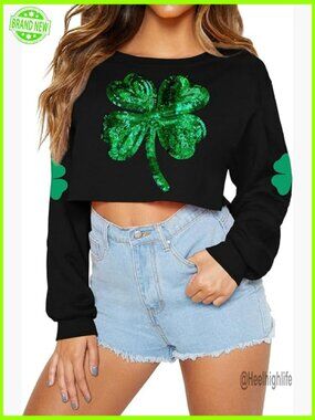 Irish Shamrock Graphic Glitter Cropped Sweatshirt St Patricks Day Top